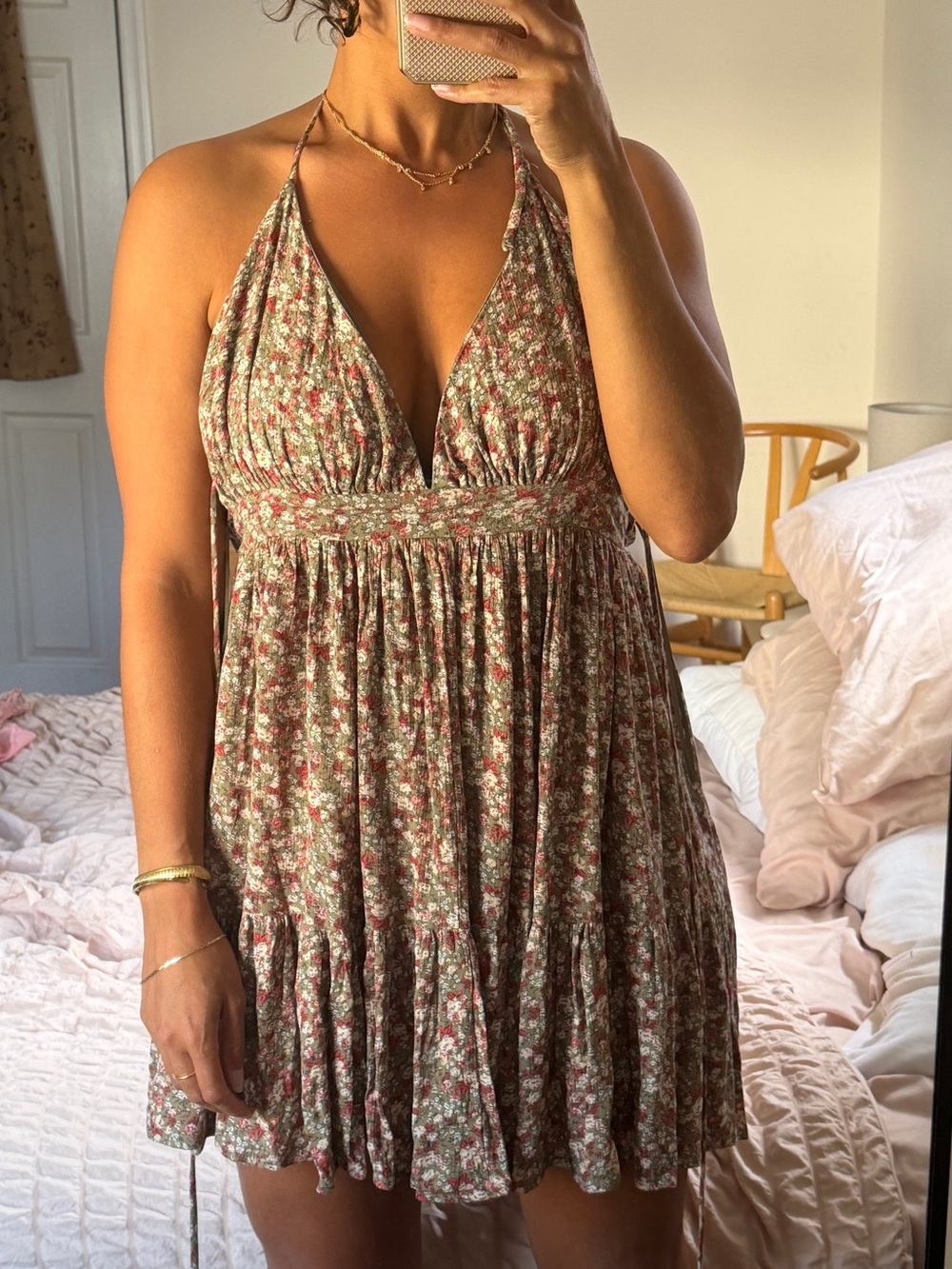 Windsor Olive Green Halter Mini Dress with Pink Floral Print